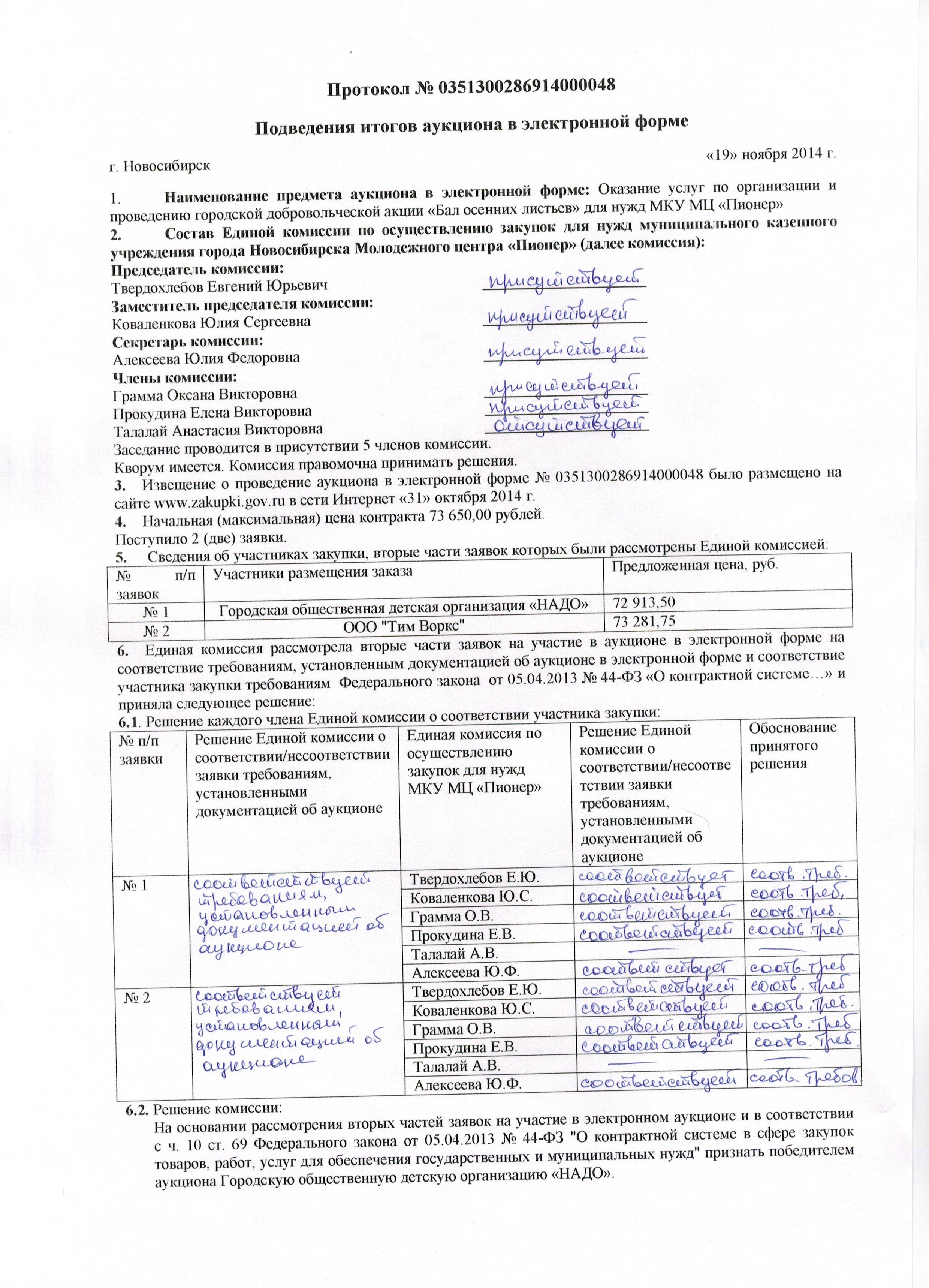 Протокол определения поставщика 44 фз образец