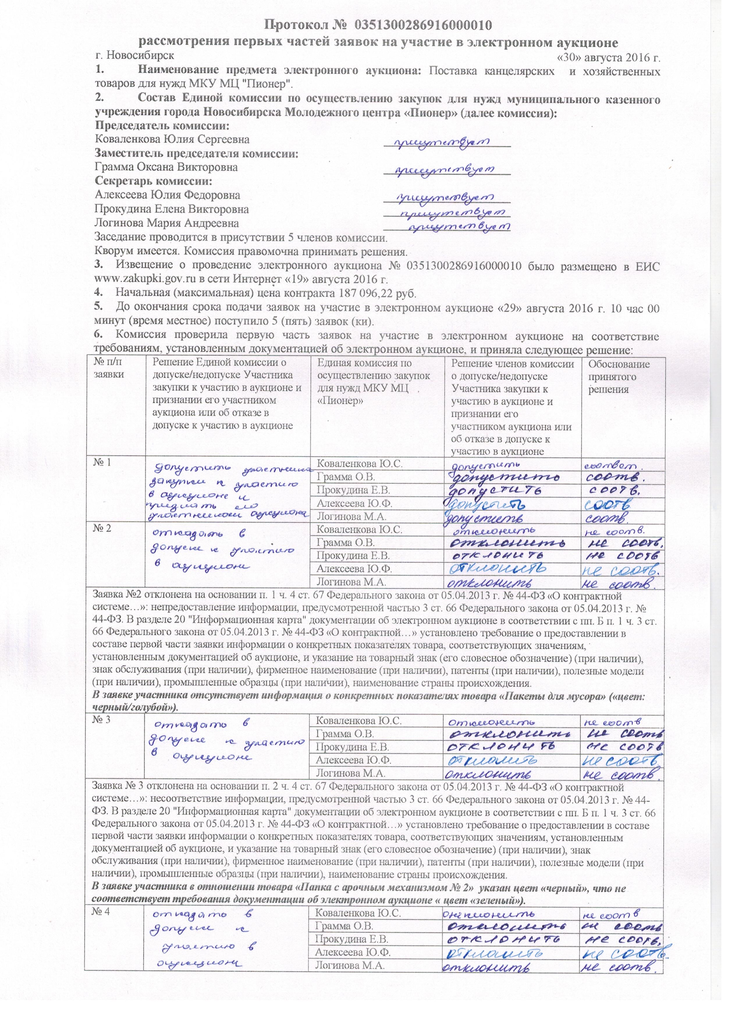 Образец протокола рассмотрения заявок на участие в электронном аукционе